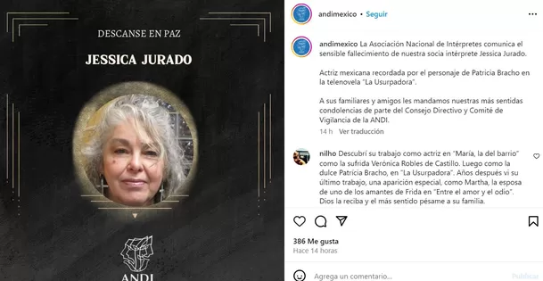 Comunicado del Andi sobre la muerte de Jessica Jurado / Instagram