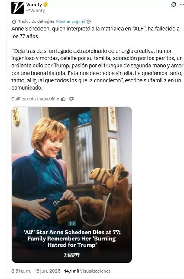 Adiós a una madre icónica de la TV: fallece Anne Schedeen. Foto: X @variety Adiós a una madre icónica de la TV: fallece Anne Schedeen. Foto: X @variety