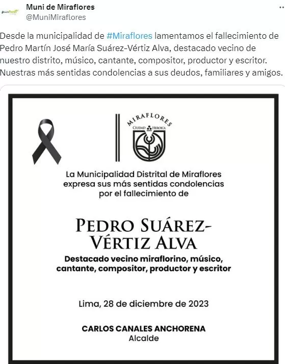 Municipalidad de Miraflores confirmaron la muerte de Pedro Suárez Vértiz 