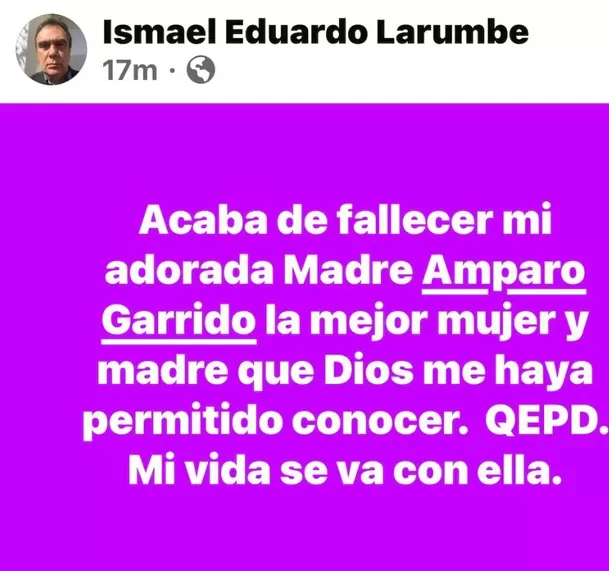 Hijo de Amparo Garrido confirmó el fallecimiento de la actriz / Facebook