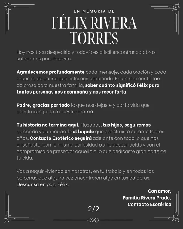 La familia de Félix Rivera Torres aseguró que su legado continuará / IG: @contactoesoterico La familia de Félix Rivera Torres aseguró que su legado continuará / IG: @contactoesoterico