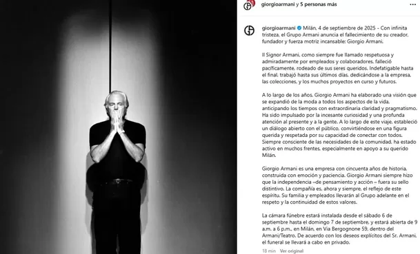 Este jueves, se dio a conocer la muerte del diseñador italiano Giorgio Armani / Instagram Este jueves, se dio a conocer la muerte del diseñador italiano Giorgio Armani / Instagram