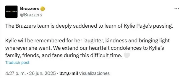 Brazzers se pronuncia tras la muerte de Kylie Page / X