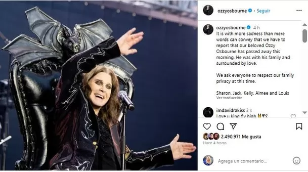 Comunicado del fallecimiento de Ozzy Osbourne a los 76 años. Fuente: Instagram