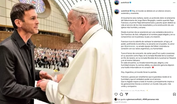 El cantante argentino Axel resaltó el amor que sentía el papa Francisco por el equipo San Lorenzo / Instagram