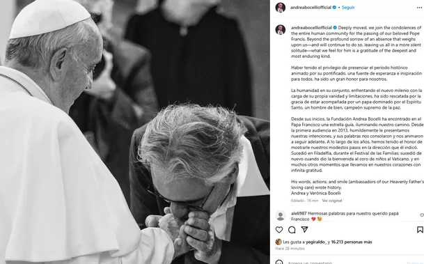 El tenor italiano Andrea Bocelli se refirió a lo que hizo el papa Francisco por su fundación / Instagram