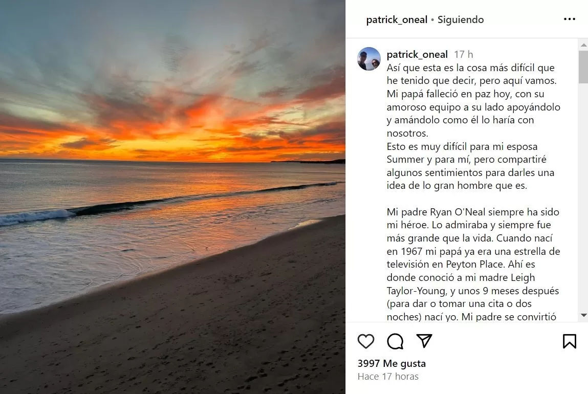 Hijo de Ryan O' Neal anunció la muerte de su padre / Instagram