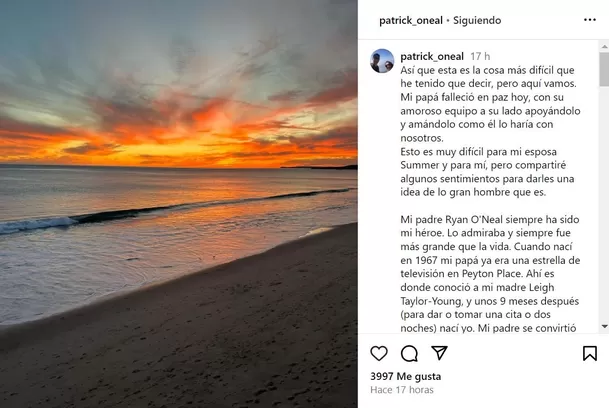 Hijo de Ryan O' Neal anunció la muerte de su padre / Instagram