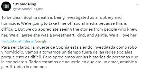 La agencia de modelos 101 Modeling aseguró que la muerte de la estrella de cine para adultos era investigada por la policía como “robo y homicidio” / X