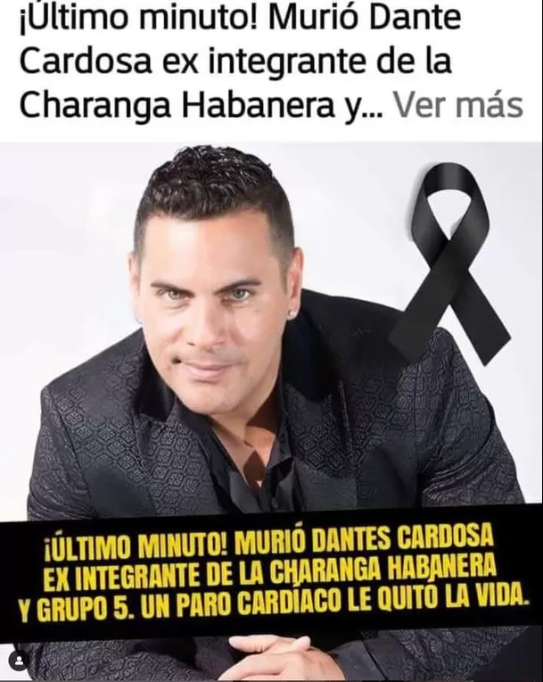 Noticia falsa que circuló en redes sociales anunciando la muerte del cantante cubano Dantes Cardosa/Foto: Instagram Noticia falsa que circuló en redes sociales anunciando la muerte del cantante cubano Dantes Cardosa/Foto: Instagram