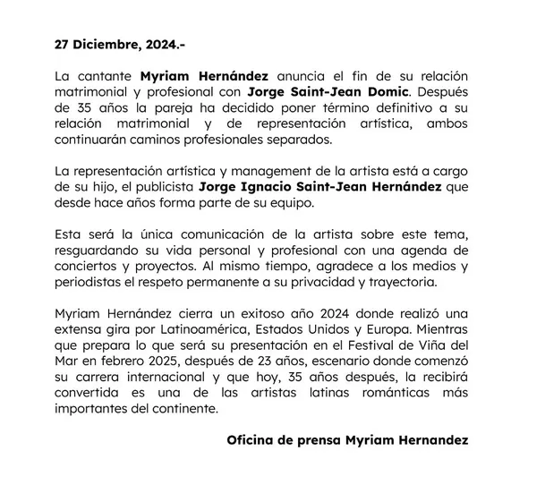 Comunicado de Myriam Hernández confirmando fin de su matrimonio. Fuente: Instagram