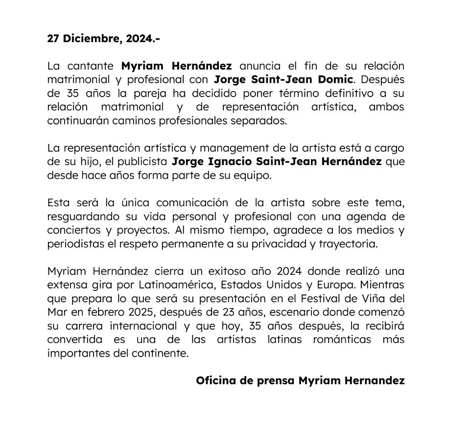 Comunicado de Myriam Hernández confirmando fin de su matrimonio. Fuente: Instagram Comunicado de Myriam Hernández confirmando fin de su matrimonio. Fuente: Instagram