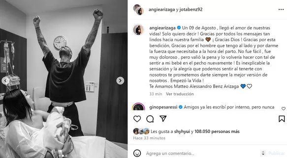 Angie Arizaga y Jota Benz ya son padres / Instagram