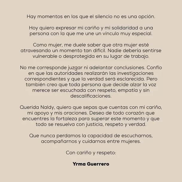Yrma Guerrero Neira, fundadora de Corazón Serrano, emitió un sentido mensaje para Naldy Saldaña / IG: @yrmaguerreron Yrma Guerrero Neira, fundadora de Corazón Serrano, emitió un sentido mensaje para Naldy Saldaña / IG: @yrmaguerreron