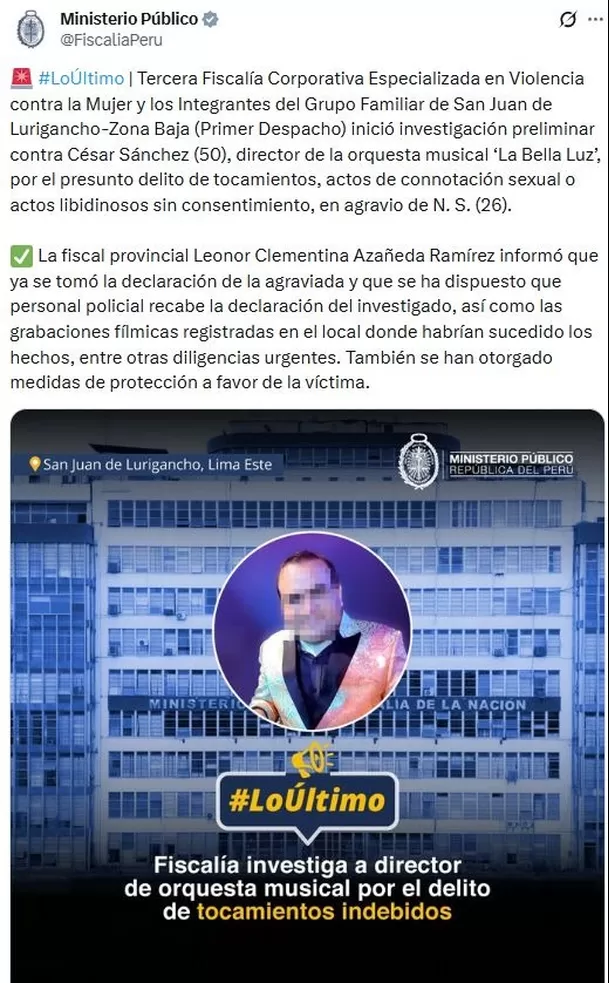 Fiscalía abre investigación contra director de La Bella Luz por abuso sexual contra la cantante Naldy Saldaña / X: @FiscaliaPeru