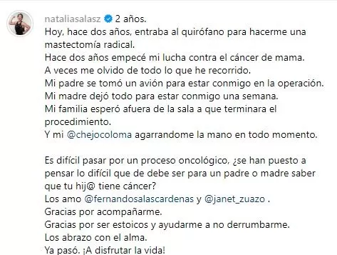 Mensaje de Natalia Salas dirigido a su familia/Foto: Instagram