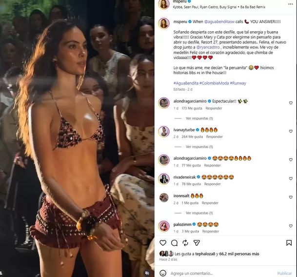 La conductora desfiló para la marca peruana Ayni y también formó parte del esperado show de Agua Bendita junto a Ryan Castro durante Colombia Moda 2026. Foto: IG @msperu La conductora desfiló para la marca peruana Ayni y también formó parte del esperado show de Agua Bendita junto a Ryan Castro durante Colombia Moda 2026. Foto: IG @msperu