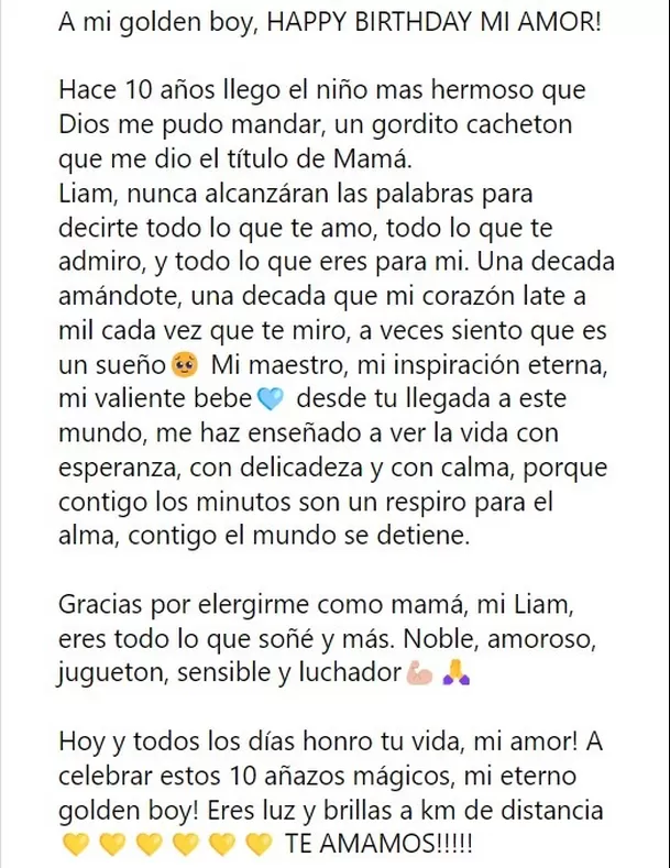 Mensaje de Natalie Vértiz por los 10 años de su hijo Liam/Foto. Instagram