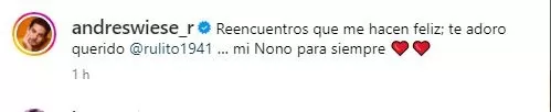 Andrés Wiese, el recordado Nicolás de las Casas en la serie 'Al Fondo Hay Sitio' dejó esta publicación en Instagram tras su encuentro ceon Luis Ángel Pinasco/ Foto: Instagram