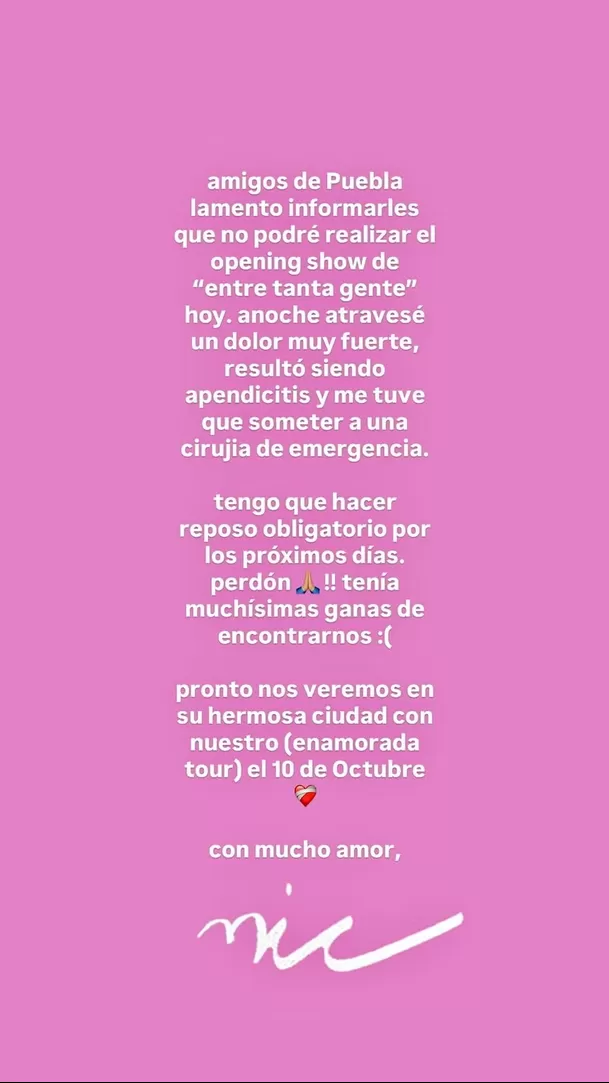 Comunicado de Nicole Zignago tras cancelar show en Puebla, México/ IG: Nic