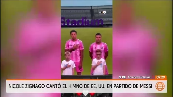 Nicole Zignago cantó el himno de Estados Unidos con Messi en la cancha/ América TV Nicole Zignago cantó el himno de Estados Unidos con Messi en la cancha/ América TV