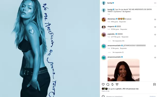 Karol G anunció el lanzamiento de su nuevo disco 'No me arrepiento de sentir tanto' / IG: @karolg Karol G anunció el lanzamiento de su nuevo disco 'No me arrepiento de sentir tanto' / IG: @karolg
