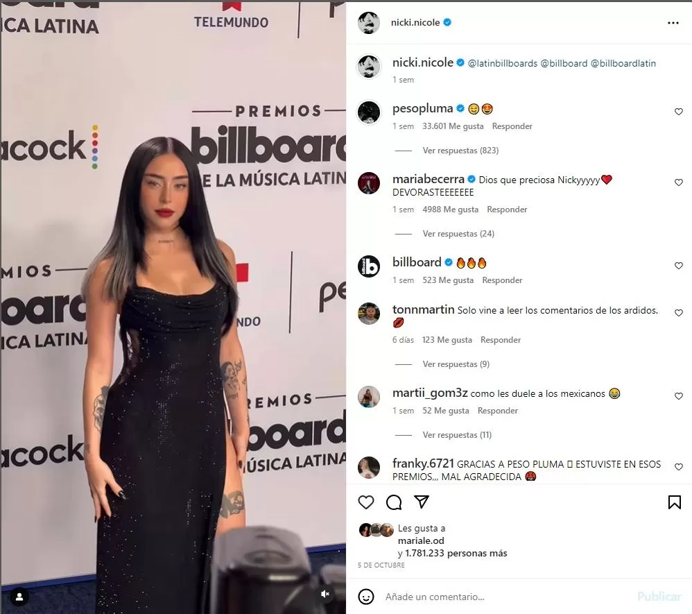 Desde que Peso Pluma conoció a Nicki Nicole comenta todas las pubñlicaciones de la cantante argentina/Foto: Instagram