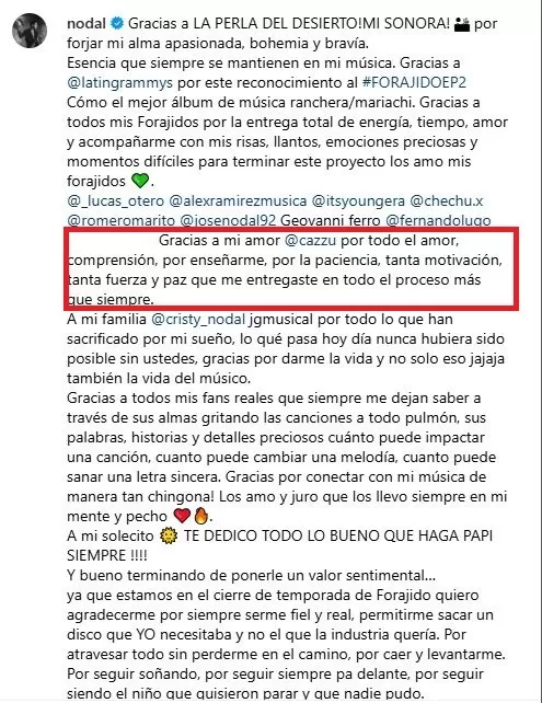 Mensaje de Christian Nodal dedicado a Cazzu en noviembre de 2023/Foto:Instagram