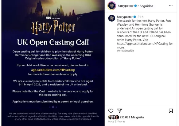 Anuncio del casting abierto para la nueva serie de 'Harry Potter' / Instagram