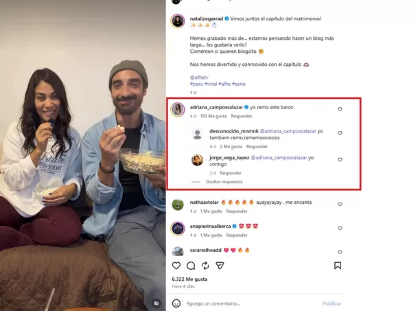 Natali Zegarra y Fernando Niño alimentan los rumores de romance al mostrarse juntos, solos y disfrutando el capítulo en que sus personajes, Juana y Juan Pablo, se casaron en Al fondo hay sitio. Foto: IG @natalizegarrad Natali Zegarra y Fernando Niño alimentan los rumores de romance al mostrarse juntos, solos y disfrutando el capítulo en que sus personajes, Juana y Juan Pablo, se casaron en Al fondo hay sitio. Foto: IG @natalizegarrad