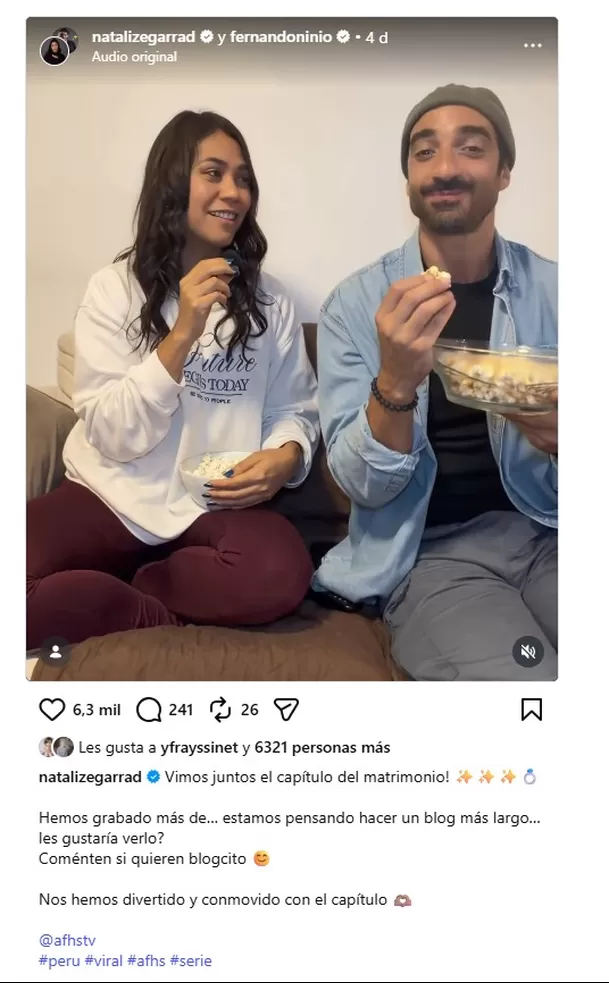 Natali Zegarra y Fernando Niño alimentan los rumores de romance al mostrarse juntos, solos y disfrutando el capítulo en que sus personajes, Juana y Juan Pablo, se casaron en Al fondo hay sitio. Foto: IG @natalizegarrad Natali Zegarra y Fernando Niño alimentan los rumores de romance al mostrarse juntos, solos y disfrutando el capítulo en que sus personajes, Juana y Juan Pablo, se casaron en Al fondo hay sitio. Foto: IG @natalizegarrad