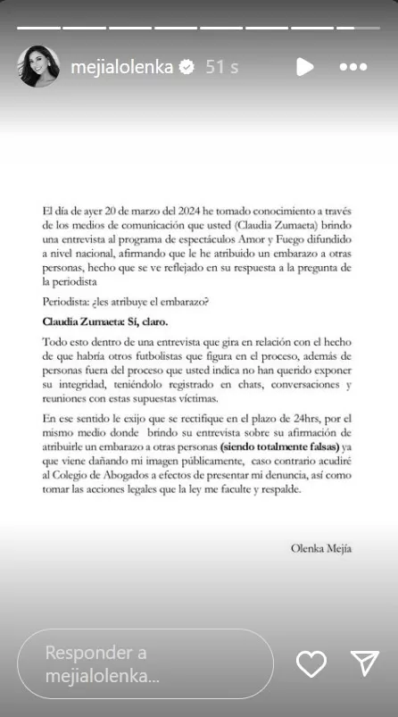 Olenka Mejía exhortó a Claudia Zumaeta a retractarse en 24 horas/Foto: Instagram