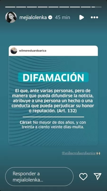 Mensaje de Olenka Mejía y su abogado Wilmer Arica/Foto: Instagram