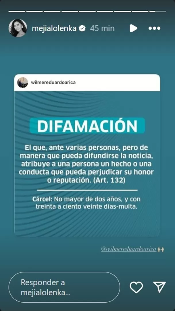 Mensaje de Olenka Mejía y su abogado Wilmer Arica/Foto: Instagram