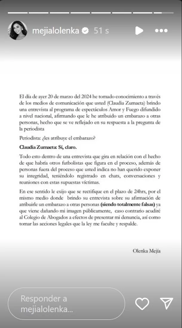 Olenka Mejía exhortó a Claudia Zumaeta a retractarse en 24 horas/Foto: Instagram