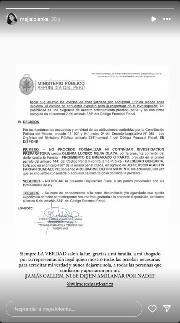 Documento Fiscal que dispone el archivamiento definitivo de la denuncia hecha por Jefferson Farfán contra Olenka Mejía/Foto: Instagram