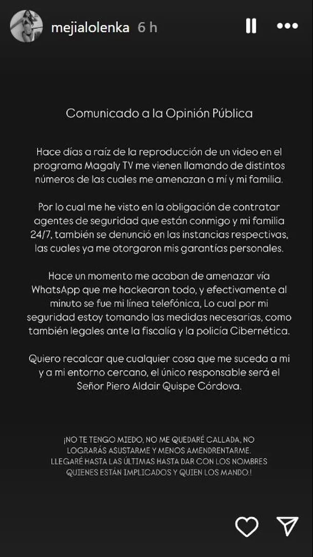 Olenka Mejía recibe amanezas de muerte y responsabiliza a Piero Quispe en su comunicado / Instagram