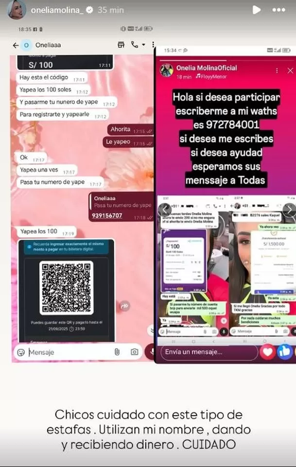 Onelia Molina advierte a seguidores por estafa / Instagram
