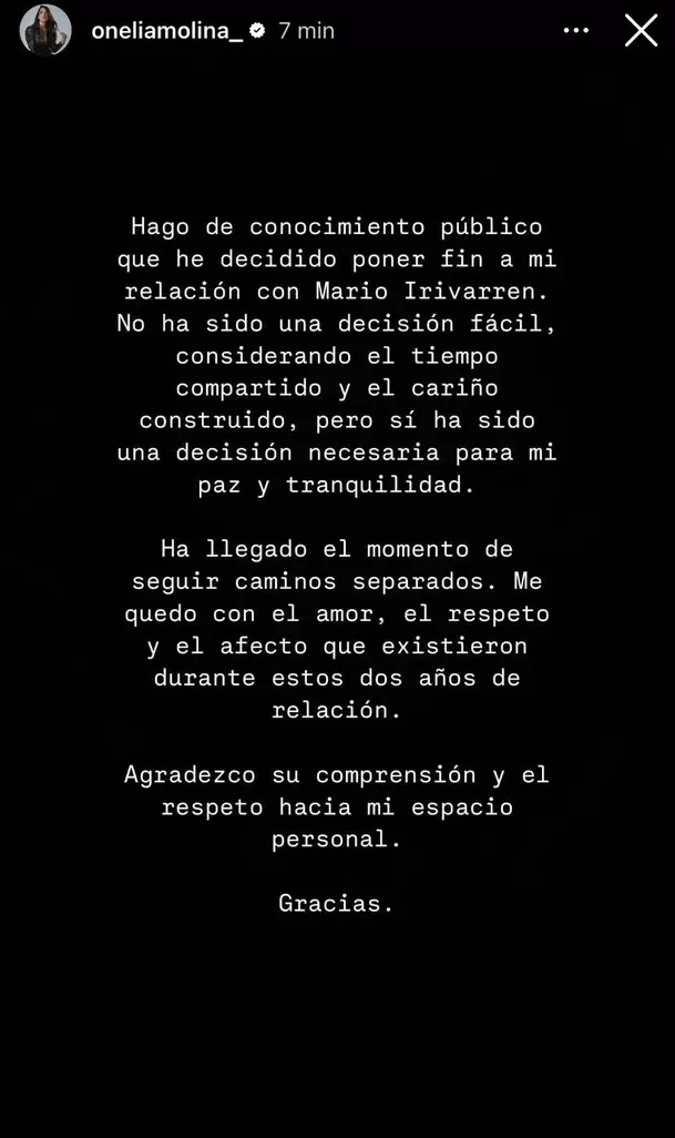 Onelia Molina publicó un comunicado tras anunciar el fin de su relación. Foto: Instagram Onelia Molina publicó un comunicado tras anunciar el fin de su relación. Foto: Instagram