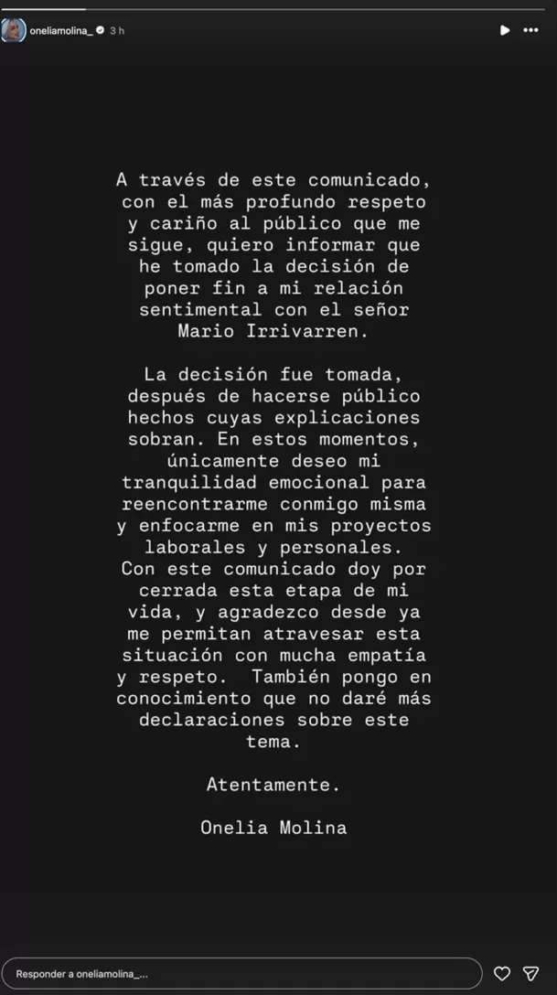 Onelia Molina lanza comunicado para anunciar su separación de Mario Irivarren por ampay en Argentina / Instagram