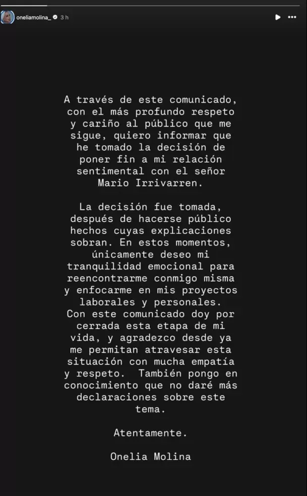 Onelia Molina anunció su ruptura con Mario Irivarren tras infidelidad del modelo en Argentina / Captura
