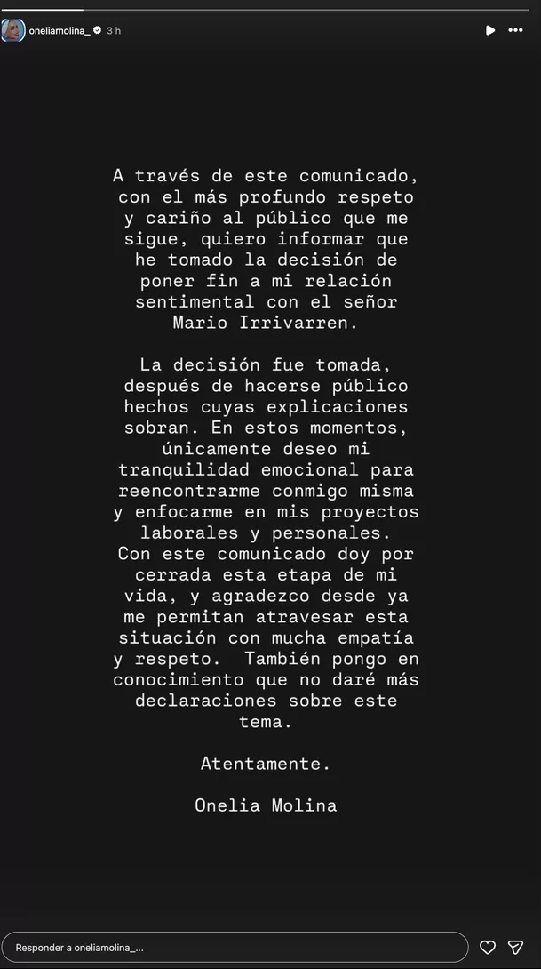Onelia Molina terminó su relación con Mario Irivarren tras el ampay que remeció las redes sociales. Foto: Instagram
