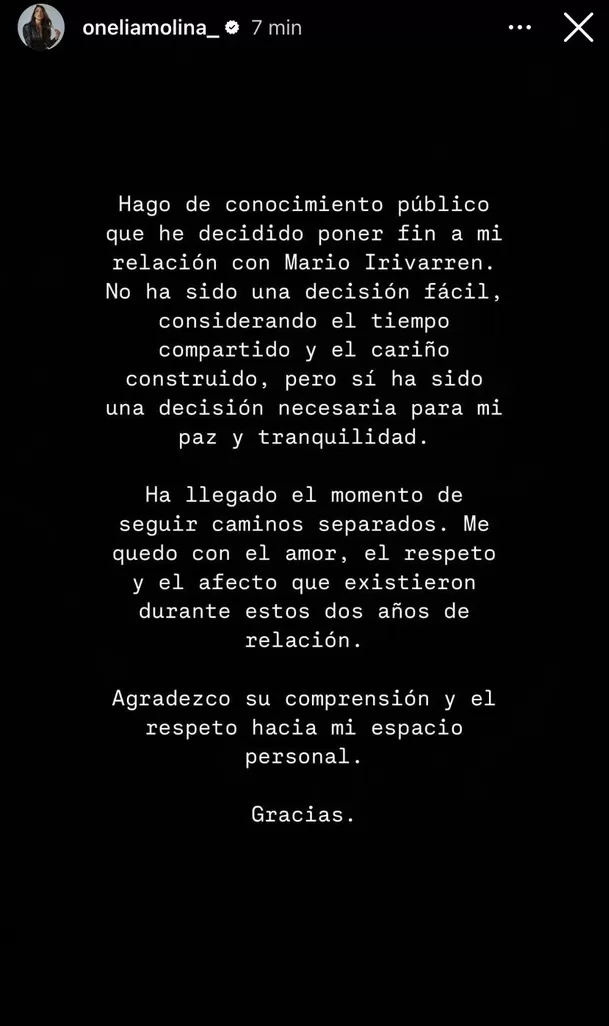 Mensaje de Onelia Molina tras anunciar su separación de Mario Irivarren / Instagram Mensaje de Onelia Molina tras anunciar su separación de Mario Irivarren / Instagram