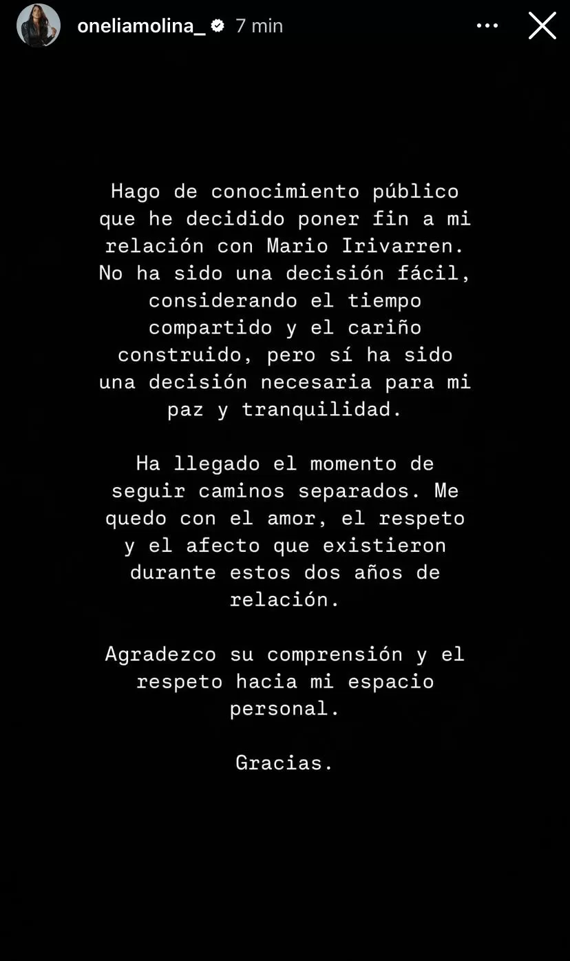 Mensaje de Onelia Molina tras anunciar su separación de Mario Irivarren / Instagram Mensaje de Onelia Molina tras anunciar su separación de Mario Irivarren / Instagram