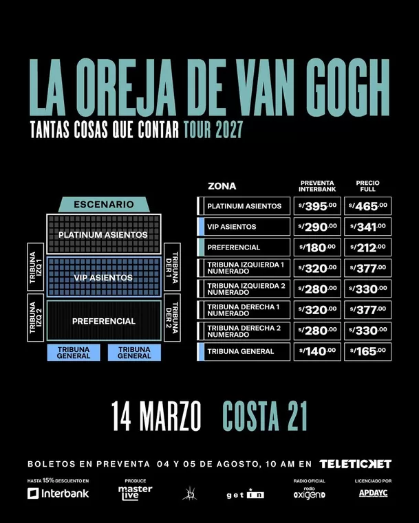 Precios de las entradas para el concierto de La Oreja de Van Gogh en Lima 2027 / Masterlive Perú Precios de las entradas para el concierto de La Oreja de Van Gogh en Lima 2027 / Masterlive Perú