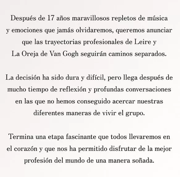 Comunicado de 'La Oreja de Van Gogh' por salida de Leire / Instagram