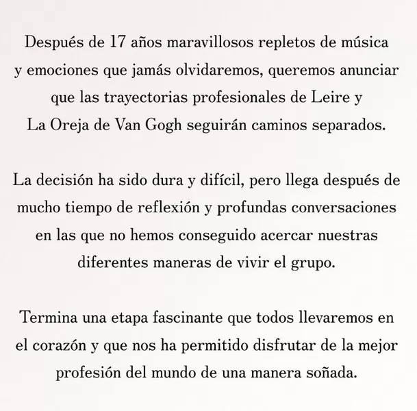 Comunicado de 'La Oreja de Van Gogh' por salida de Leire / Instagram Comunicado de 'La Oreja de Van Gogh' por salida de Leire / Instagram