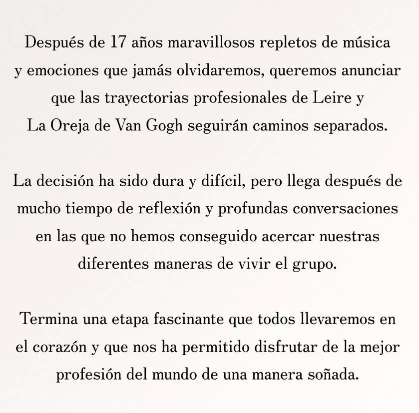 Comunicado de 'La Oreja de Van Gogh' por salida de Leire / Instagram