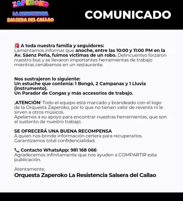La orquesta Zaperoko ofrece recompensa para saber el paradero de sus instrumentos robados en el Callao / Instagram
