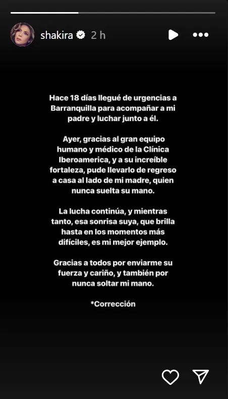 Comunicado de Shakira sobre la salud de su padre William Mebarak/Foto: Instagram